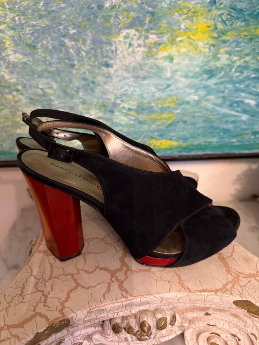 Diane Von Furstenberg Black Suede Slingback Sandals with Red Block Heel